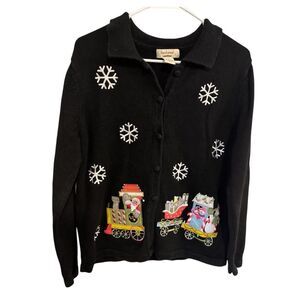 BECHAMEL Vintage Christmas Black Sweater Sz LARGE Embellished Santa Sleigh Train